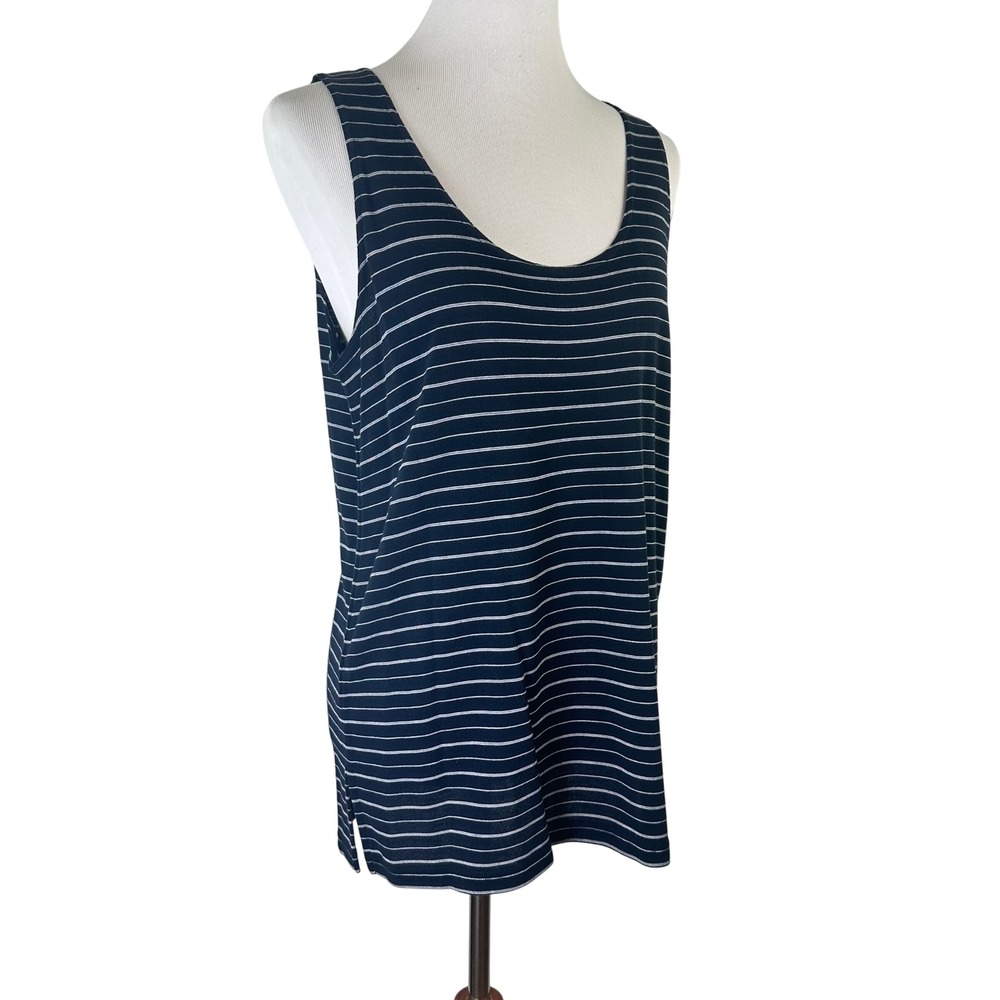 Emanuel Ungaro Navy Blue White Striped Tank Top Slits Made USA Womens Petite‎ L